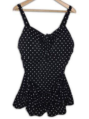 NWT Septangle Polka Dot One Piece Swimsuit Womens Ruched Skirt Overlay 20W